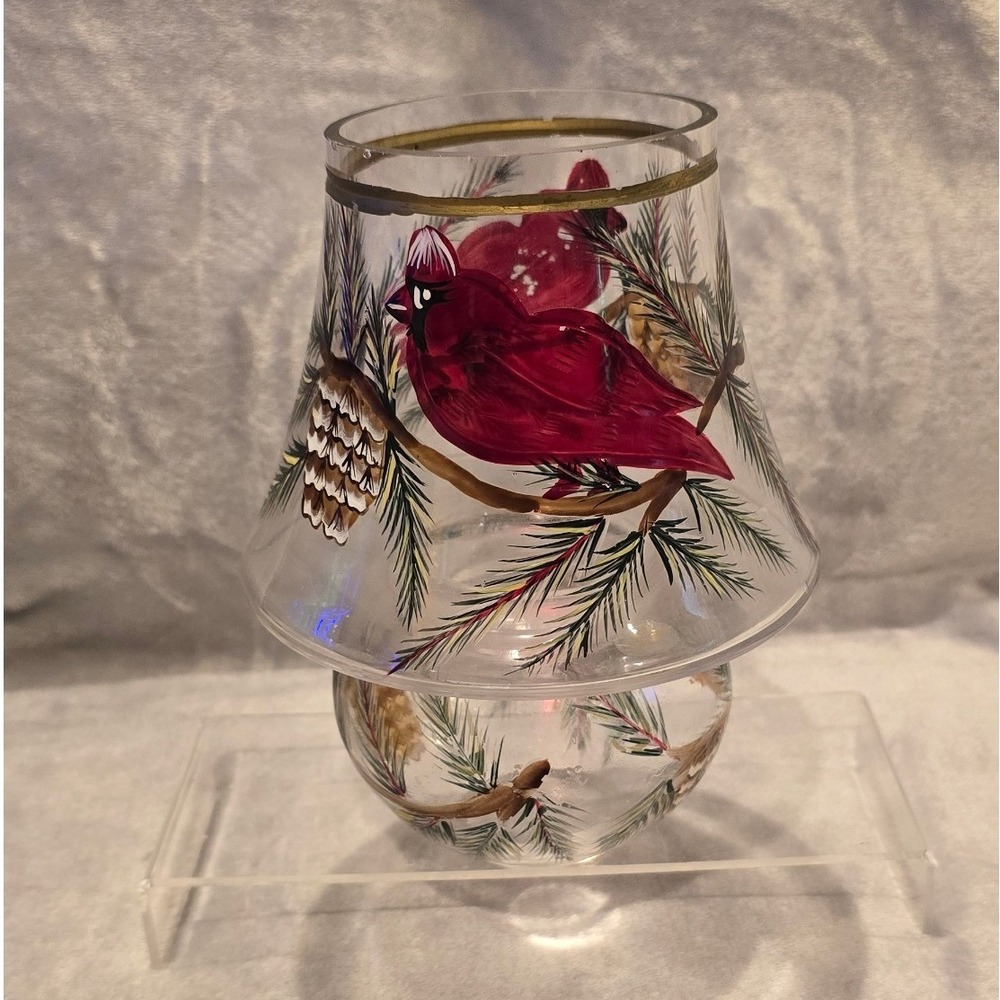 Hand Painted Glass Cardinal Pinecone Votive Candle Holder 2 Piece Set Winter
